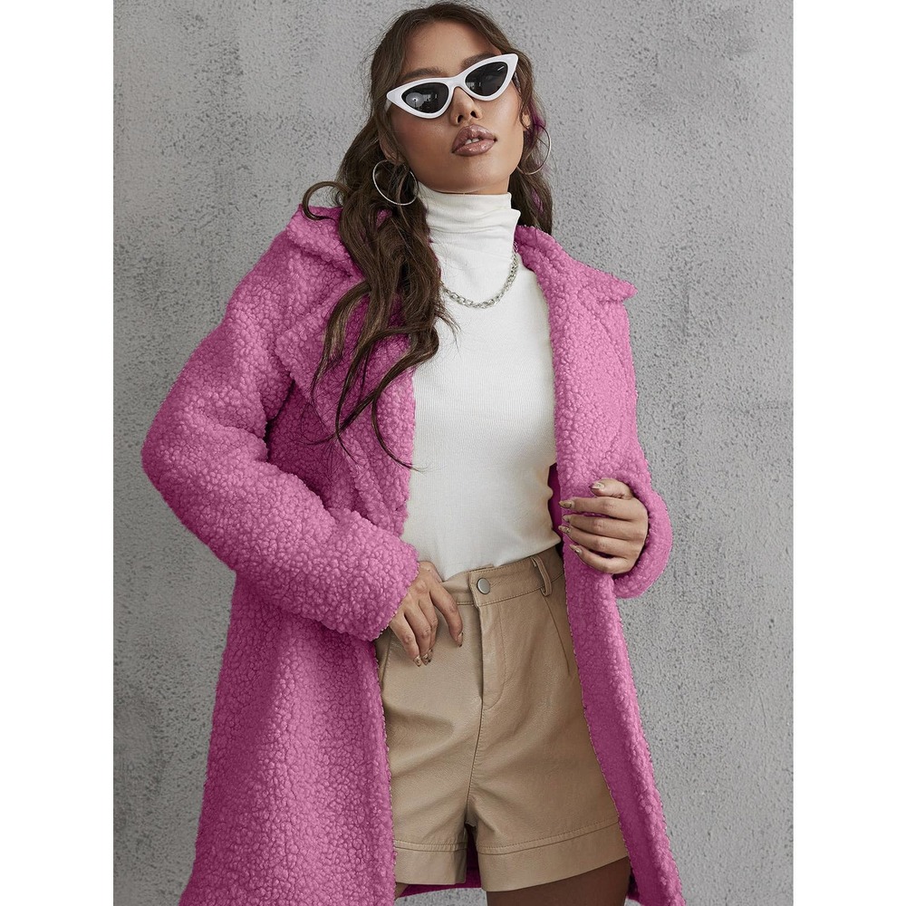Button Front Teddy Coat Long Trench Coat Jacket hot pink faux fur - Picture 6 of 9